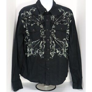 Chalc Men's Black Long Sleeve Snap Front Shirt Wings Y2K Goth Size XL